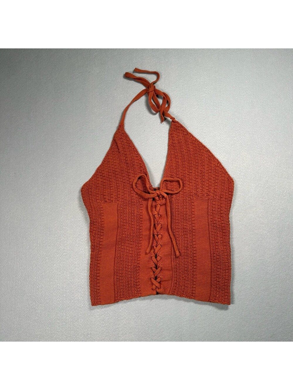 Forever 21 Rust Orange Crochet Knit Halter Top Lace Up Front Sz M Boho
